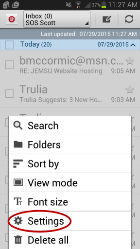 Android Email Setup - Main Menu