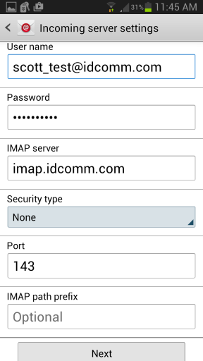 Android Email Setup - Incoming Server Settings