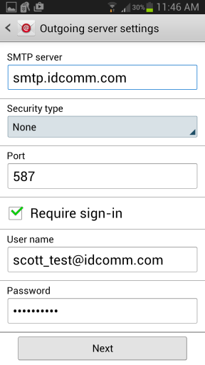 Android Email Setup - Outgoing Server Settings