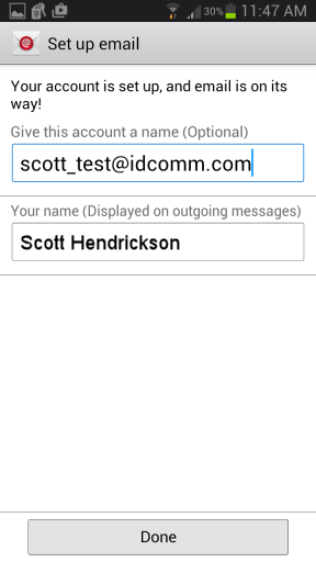Android Email Setup - Finish Screen