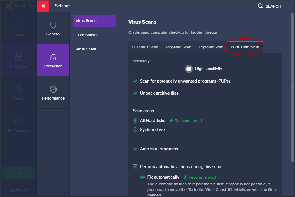 avast boot time scan settings
